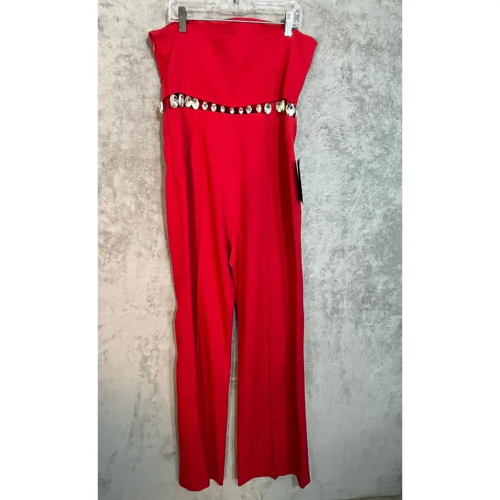 Retrofete Jumpsuit Medium Fiery Red Rhinestone Belt Glam Bling Formal NWT